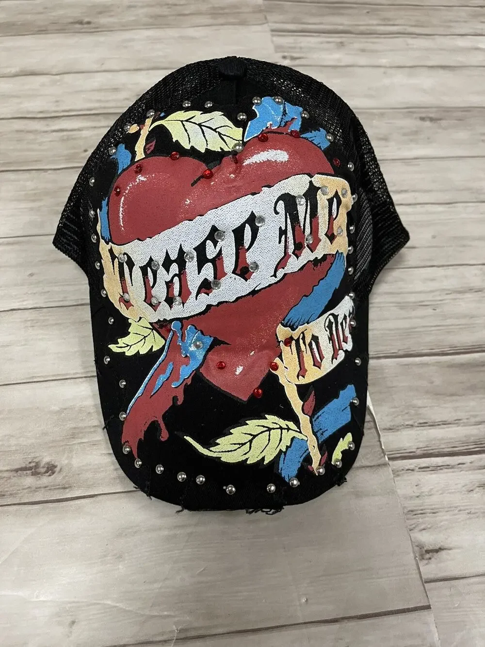 Bulzeye Hat Mens Beaded Cap Tease Me Print Heart Embroidered Ripped A14